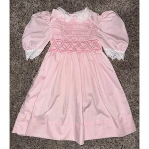 Vtg Polly Flinders Hand Smocked Lace Pink Puff Sleeves Peter Pan Colar Size 5